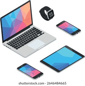 Isometric illustration of electronic devices including a laptop, smartwatch, smartphone, and tablet. technology and communication vector icon. 