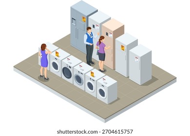 Isometric illustration of an electronics and appliance store with refrigerators, washing machines and customers choosing home equipment with a sales assistant