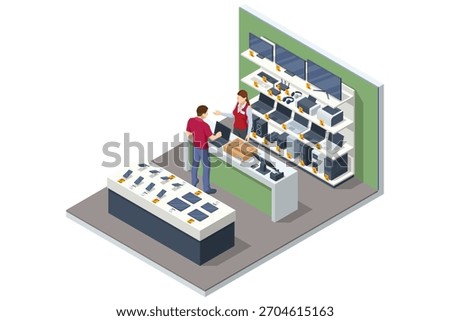 Isometric illustration of an electronics store checkout area where a customer buys a laptop, surrounded by shelves with computers, printers, speakers and accessories.