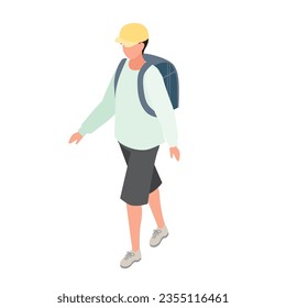 It is an isometric illustration of an elementary school boy walking with a school bag.