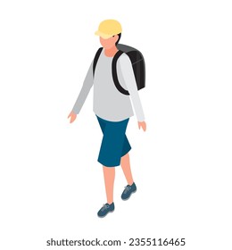 It is an isometric illustration of an elementary school boy walking with a school bag.