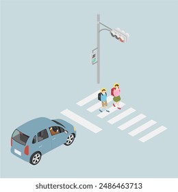Isometric illustration: Elementary school students and crosswalk 1