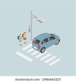 Isometric illustration: Elementary school students and crosswalk 3