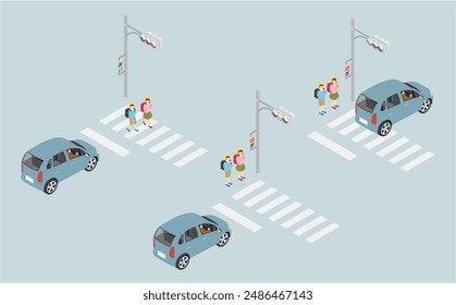 Isometric illustration: Elementary school students and crosswalk