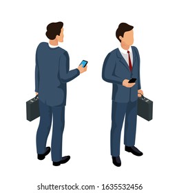 Isometric illustration elements. Businessman with briefcase and smartphone on white background