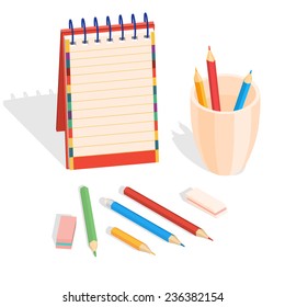 Isometric illustration of an empty notebook, pencils and eraser on a white background. Vector 