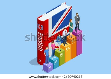 Isometric illustration of English language learning progress by CEFR levels A1 to C2. Concept of education, study, skill improvement and knowledge growth.