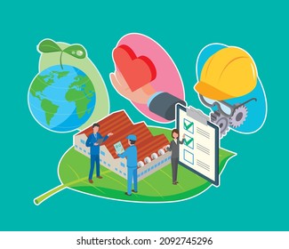 Isométrica ilustración de la salud ambiental y la seguridad del trabajo