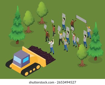 Isometric Illustration of Environmental Protesters Opposing Deforestation and Bulldozer Activity in Forest 3d vector illustration