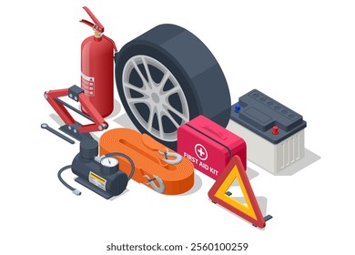 Isometric illustration of essential car emergency and maintenance tools, including a fire extinguisher, tire, car battery, air compressor, jack, warning triangle, tow strap, and first aid kit.