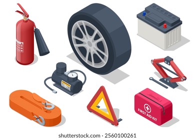 Isometric illustration of essential car emergency and maintenance tools, including a fire extinguisher, tire, car battery, air compressor, jack, warning triangle, tow strap, and first aid kit.