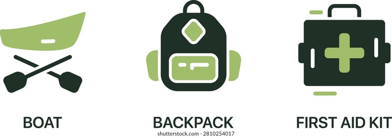 Isometric illustration of essential travel items boat backpack first aid kit