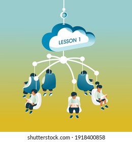 An Isometric Illustration explaining how cloud computing and online communication  enhancing ability for our children learn anywhere remotely in self-isolation.