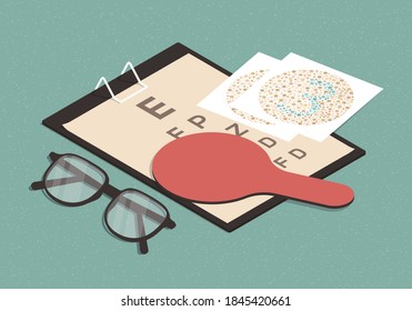 Isometric illustration with eye sight test chart, glasses and ishihara test