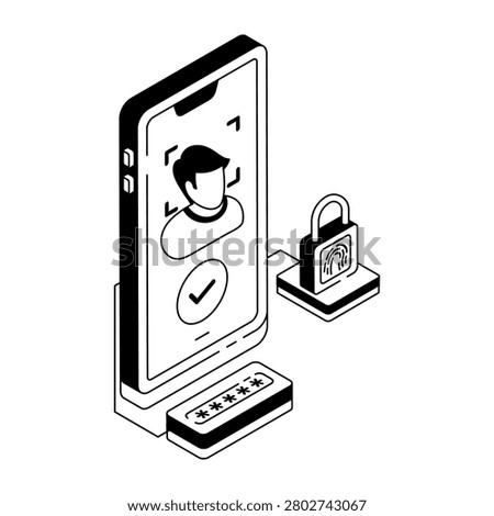 Isometric illustration of facial recognition with face scan screen, profile marker, and security device.