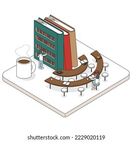 It is an isometric illustration of a facility with a cafe where you can read books.