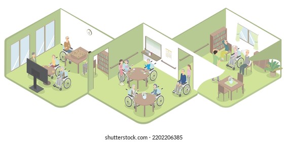 It is an isometric illustration of a facility where senior men, women and staff can spend time happily.