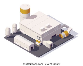 Isometric illustration of a factory with silos and exhaust systems. Vector illustration