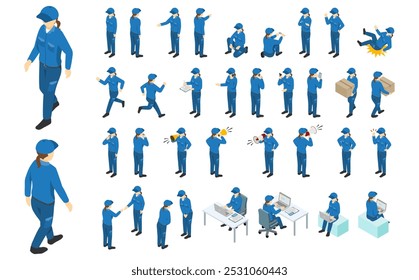 Isometric illustration: Factory worker set (woman)