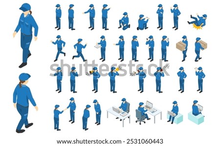 Isometric illustration: Factory worker set (woman)