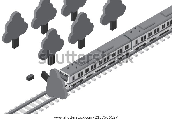 Isometric illustration of\
a falling tree and a stranded train. Illustration of a train delay\
caused by a falling tree. Simple monochrome graphic material. No\
main line.