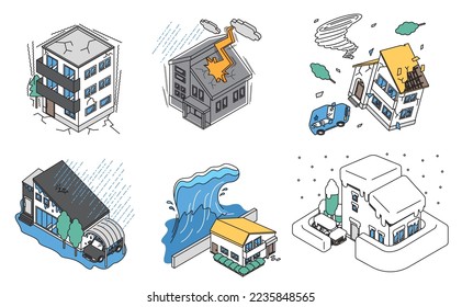 It is an isometric illustration of a familiar natural disaster risk and a simple house.