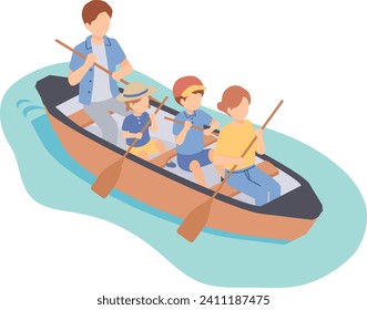 Isometric illustration of a family paddling a canoe on a lake