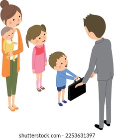 It is an isometric illustration of a family seeing off their father.
