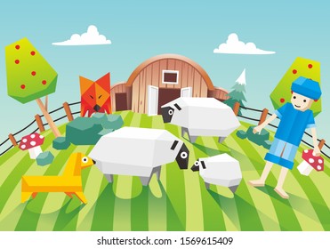 isometric illustration of farming, a farmer with the sheep and watchdog and there is wolf lurking the sheep. isometric 3D with paper craft style design illustration