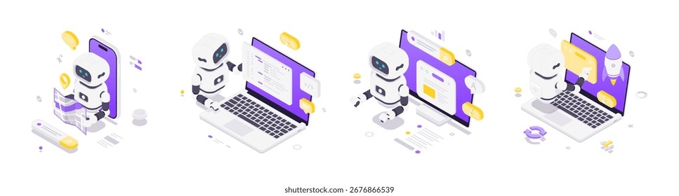 Ilustración isométrica con robots de inteligencia artificial dedicados a la navegación, codificación, aprendizaje e innovación de startups en un entorno de tecnología digital con un estilo futurista creativo