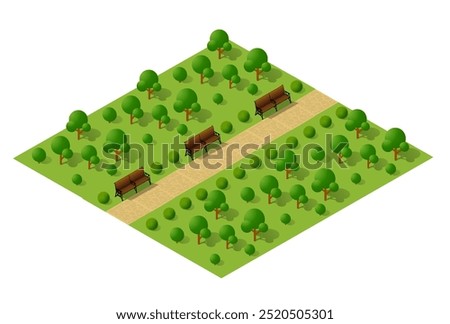 Isometric illustration featuring a city park with benches, trees, bushes, and a winding path