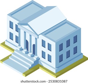 Isometric illustration featuring a large government building with columns, emphasizing the grandeur and formality of civic architecture