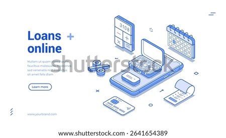 Isometric illustration featuring an online loan process. Design includes a smartphone, calculator, cash, and calendar, symbolizing easy access to loan services.