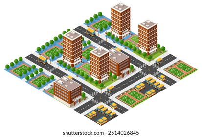 Ilustración isométrica que muestra un distrito escolar con múltiples edificios escolares, autobuses escolares y canchas de baloncesto