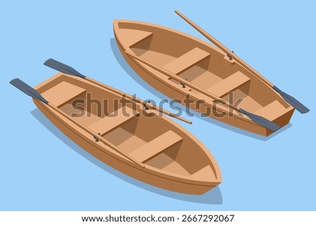 An isometric illustration featuring two classic wooden rowboats with oars on blue water, depicting traditional watercraft for leisure