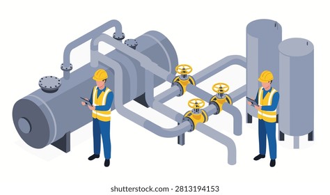 An isometric illustration featuring two industrial workers in hard hats and safety vests inspecting a complex pipeline and tank system using digital tablets.