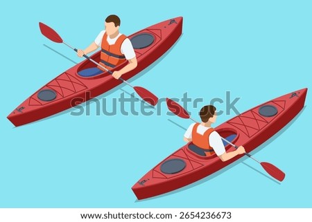 An Isometric illustration featuring two people, a man and a woman, paddling red kayaks on a calm blue body of water, wearing life vests.