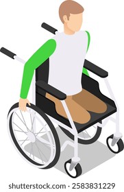 Isometric illustration featuring a young man with paraplegia navigating in a wheelchair, actively pushing the wheel with his hand, symbolizing independence and determination