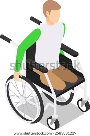 Isometric illustration featuring a young man with paraplegia navigating in a wheelchair, actively pushing the wheel with his hand, symbolizing independence and determination