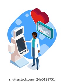 An isometric illustration of a female doctor using medical equipment, blue background, healthcare concept, vector illustration