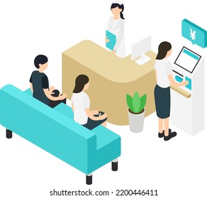 Isometric illustration of female patient using payment machine in hospital waiting room