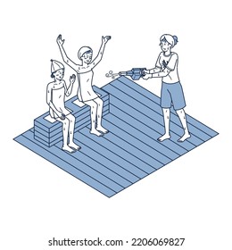 It is an isometric illustration of a female who receives a burning blower from a female heat wave teacher.