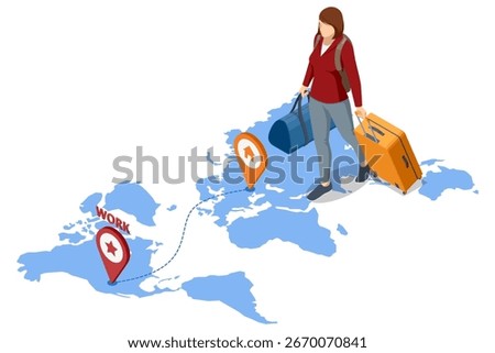Isometric illustration of female worker migration. Woman with luggage walking across world map from home to work destination. Concept of job relocation, labor migration and international employment.