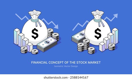 Isometric illustration of financial concepts related to the stock market fluctuations, featuring a money bag, stock graph, banknotes, coins, and arrows indicating upward and downward trends
