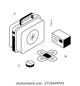 Isometric illustration of first aid kit with medicines, pills, and health care essentials.