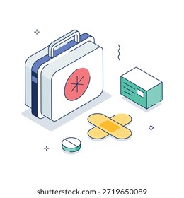 Isometric illustration of first aid kit with medicines, pills, and health care essentials.
