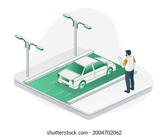 Isometric illustration flat concept. the car leaves people or officers