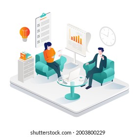 Isometric illustration flat concept. discussion about business on the couch