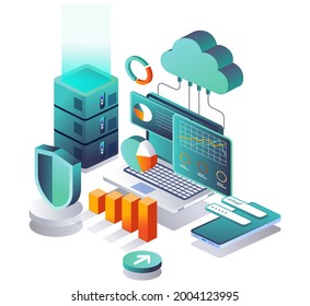 
Isometric illustration flat concept. laptop data analyst and security via smartphone