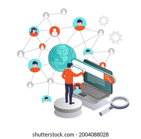 Isometric illustration flat concept. looking for networks on social media for marketing strategy
